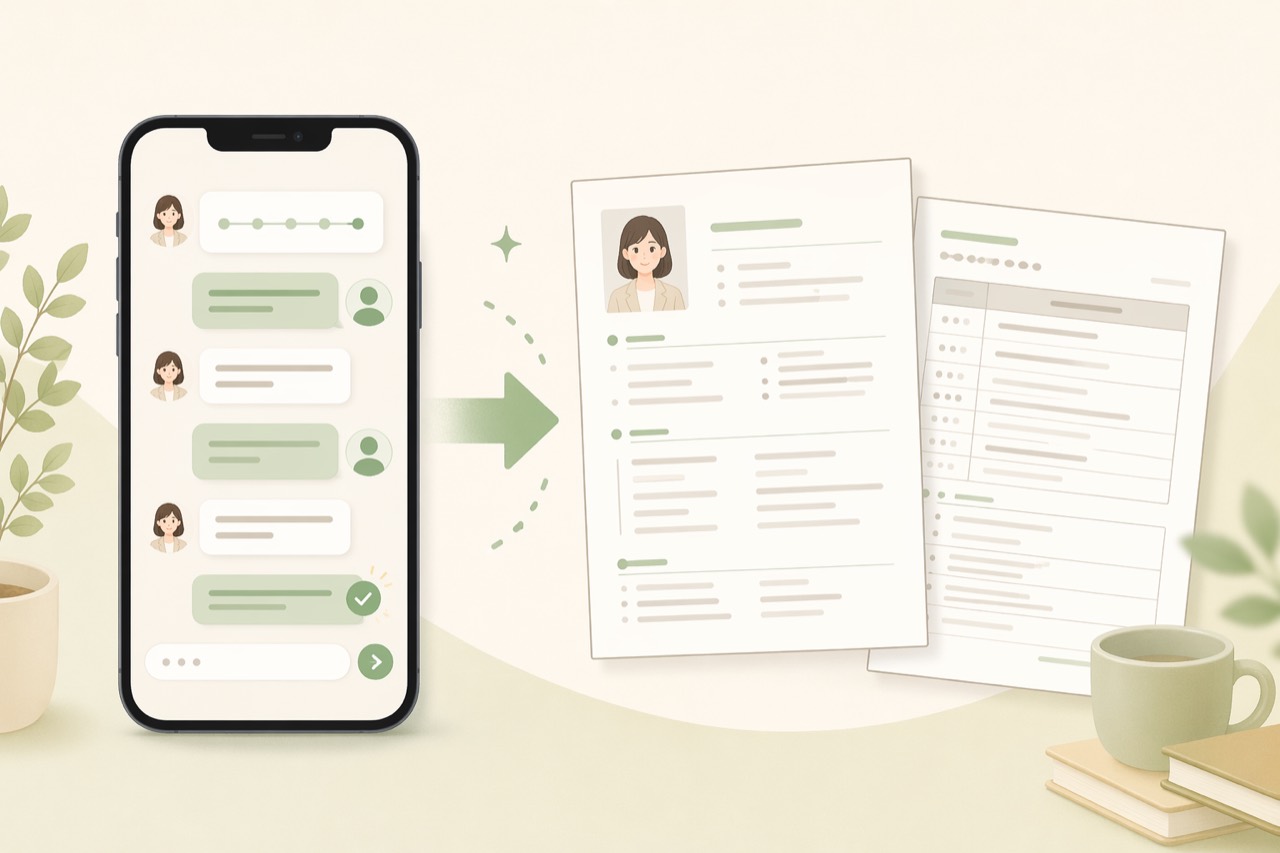 チャット形式で履歴書や職務経歴書を作成するイメージ