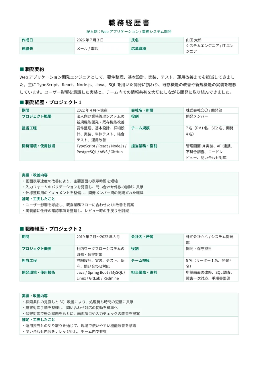 ITエンジニア向け職務経歴書の記入例テンプレートのプレビュー