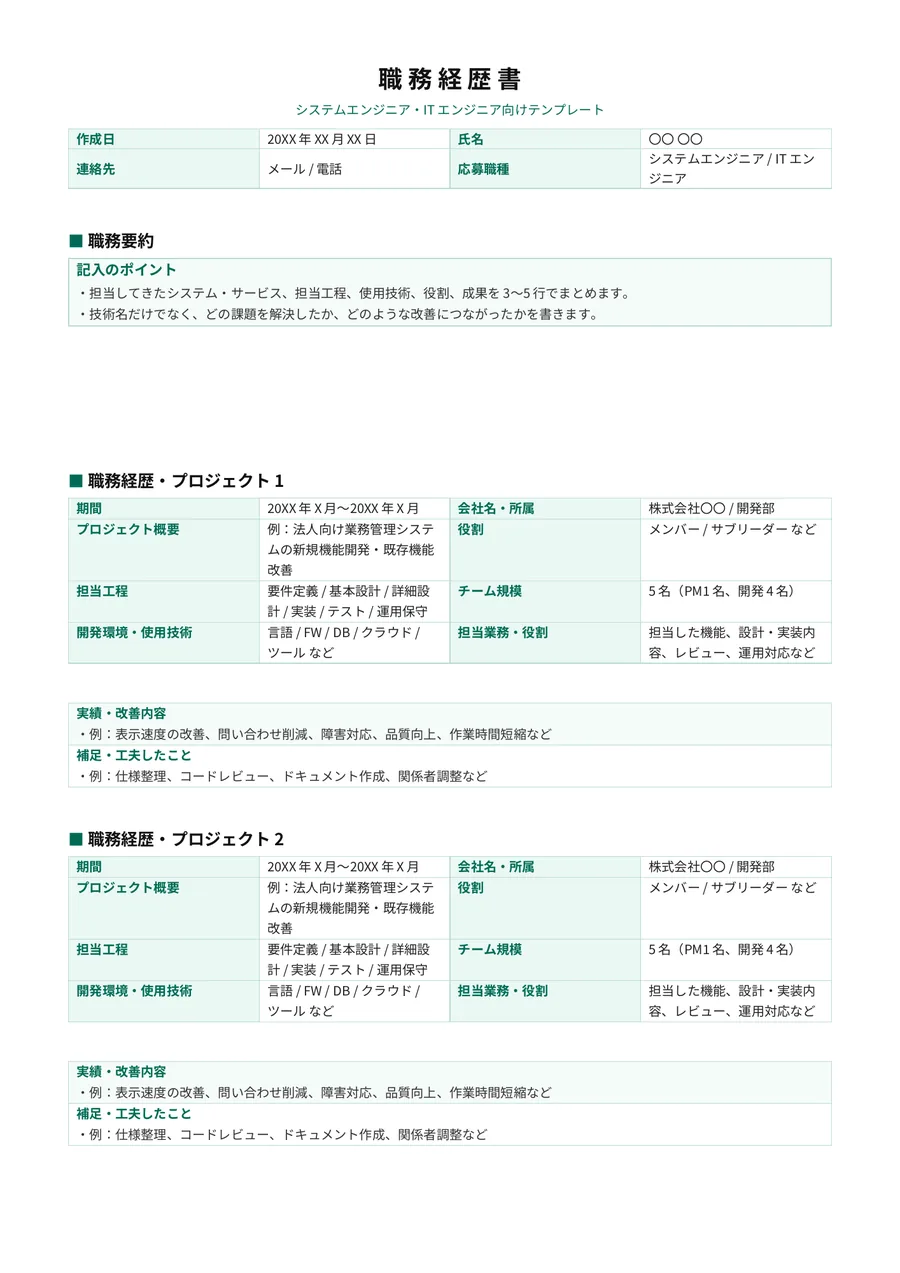 ITエンジニア向け職務経歴書の空テンプレートのプレビュー