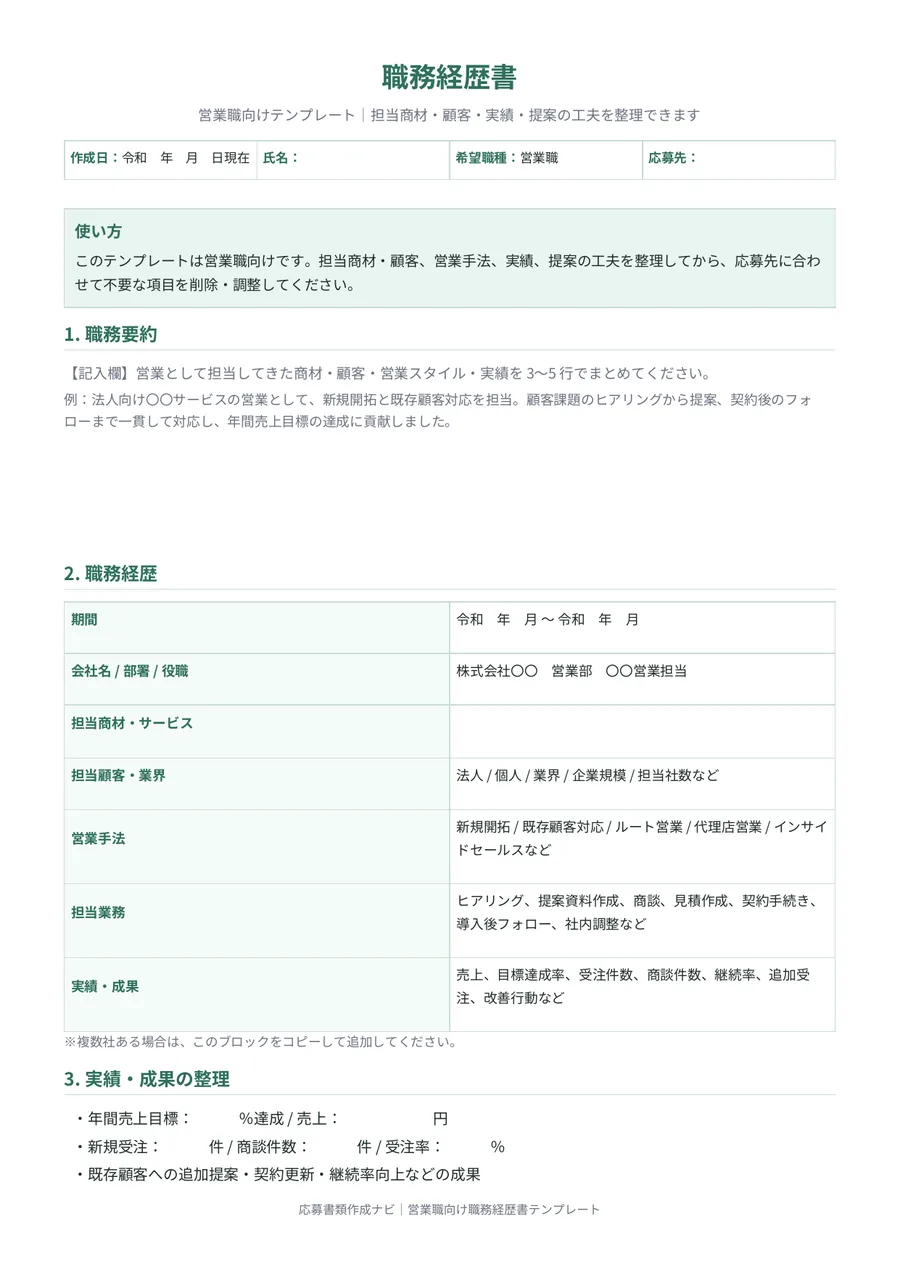 営業職向け職務経歴書の空テンプレートのプレビュー