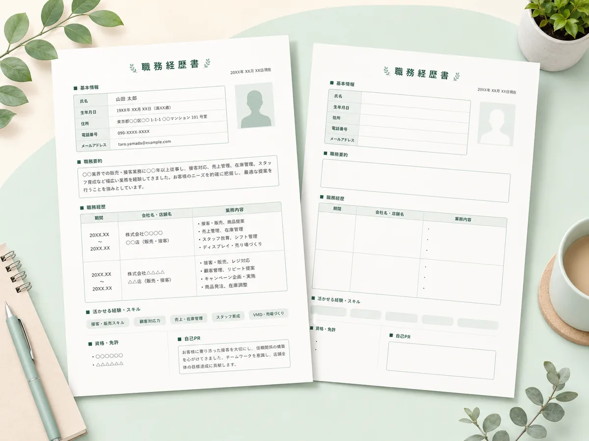 販売・接客・サービス職向け職務経歴書テンプレートの完成イメージ
